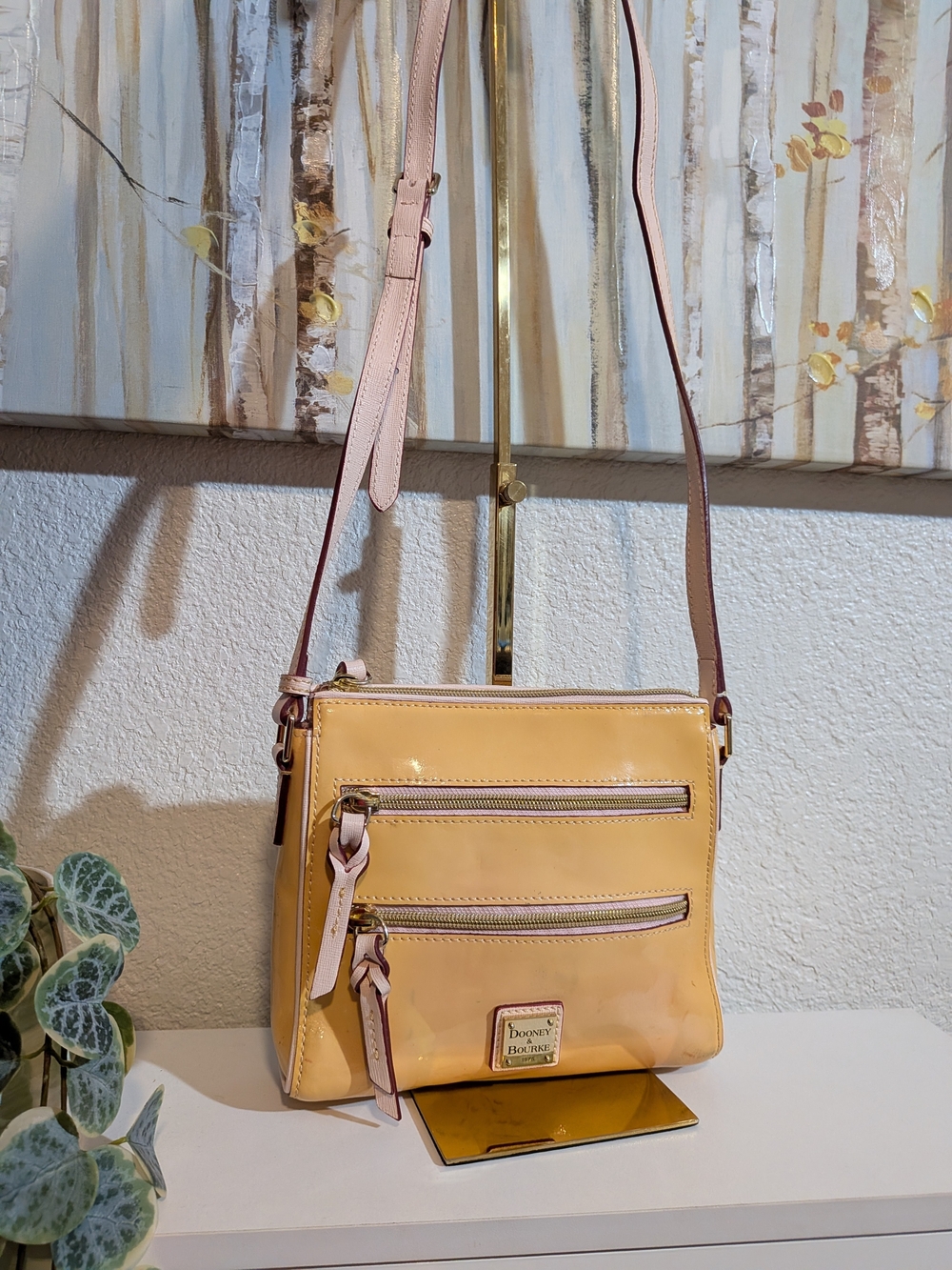 Dooney And Bourke Patent Leather Crossbody Bag in Pale Yellow & Tan Leather